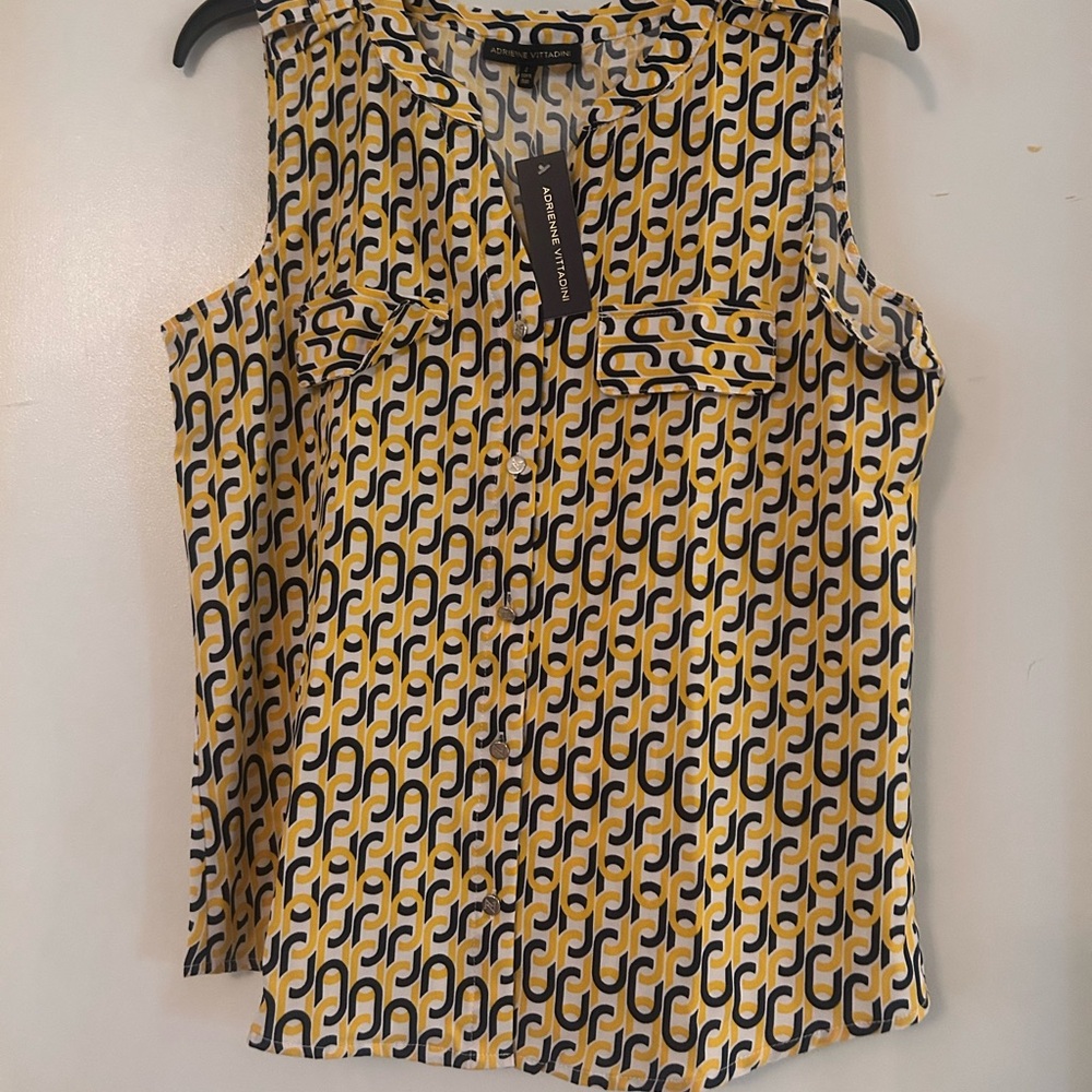 Adrienne Vittadini Yellow and Navy Patterned Blouse